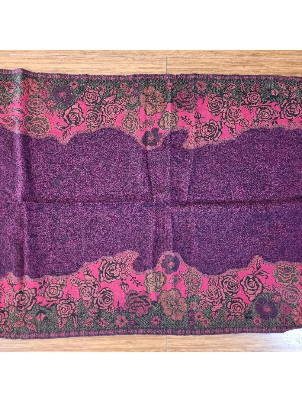 Cozy Floral Embroidered Purple Wool Scarf with Fringe